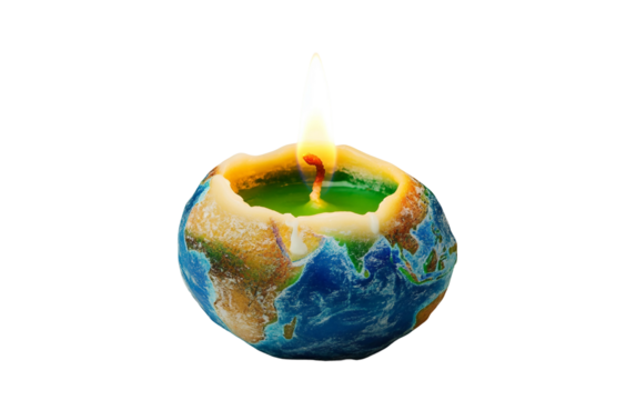 Creative illustration of planet Earth candle with glowing green flame for eco-friendly and spiritual concepts isolated on transparent background PNG