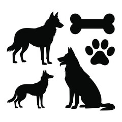 Silhouettes of german shepherd dogs and dog accessories
