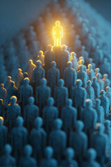 Obraz premium A glowing figure stands atop a crowd, symbolizing leadership, success, and individual distinction.