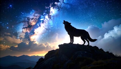 Wolf Howling at Night Sky on Rocky Mountain Top
