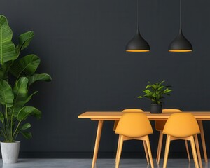 Functional dining area with sleek wooden table and pendant lighting, midcentury modern vibe
