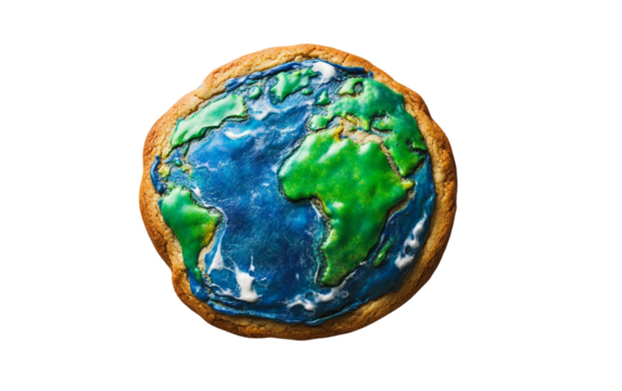 Earth-shaped cookie decorated with green and blue icing symbolizing eco-friendly themes and sustainability isolated on transparent background PNG