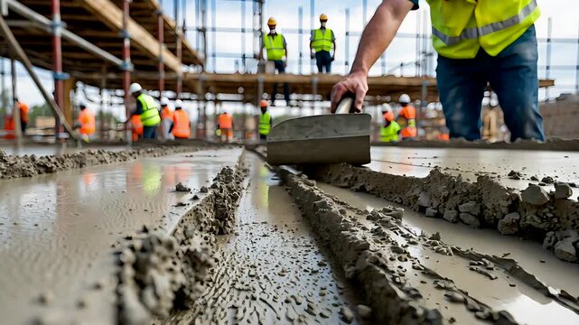 Construction workers wearing safety vests leveling wet concrete surface with tools at busy outdoor building site