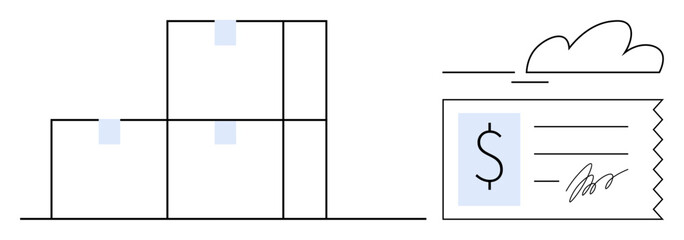 Stacked boxes beside a signed invoice emphasize supply chain, logistics, payments, and e-commerce. Ideal for delivery, invoicing, trade, business finance, warehousing shipping simple flat metaphor