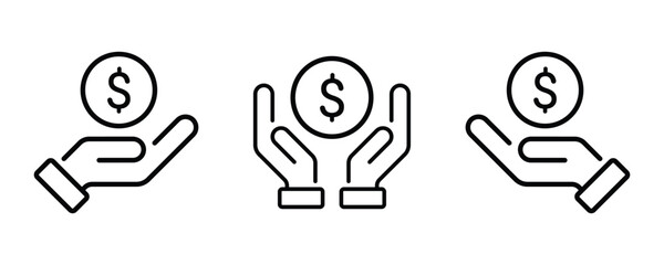 Dollar sign. Money in hand icons set. Save money sign. Hand holding a dollar sign. Cash, loan, coin, dollar, saving, budget, earning money, revenue symbol.