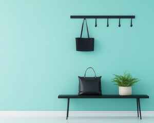 Midcentury entryway with bench and wall hooks, practical modernist design