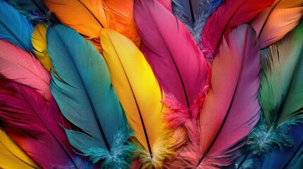 A vibrant collection of colorful feathers in various hues of blue, orange, yellow, pink, and purple, arranged in a seemingly random yet visually appealing manner.