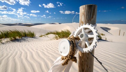 Wooden Post at Sand Dunes with Blue Sky and Decorative Wheel