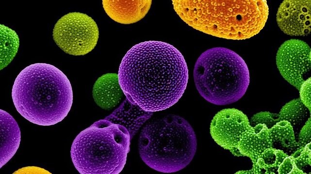Colored microscopic bacteria and microorganism cells in green, purple, yellow, and orange with textured surfaces floating on black background showing detailed biology science and cellular structures