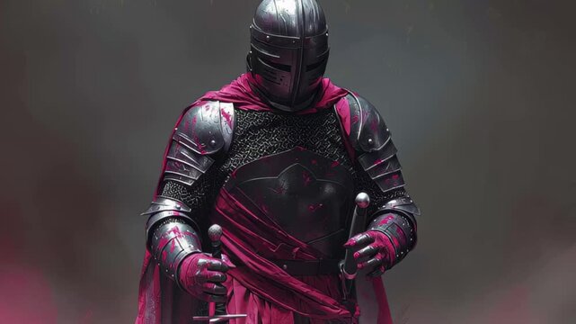 Knight in armor kneels in reflection with sword on the ground surrounded by a dramatic red haze