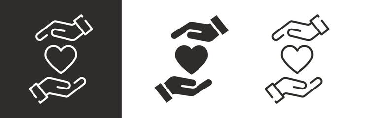 flat and linear set icons, care icon, hands save life, heart in hands, simple symbols on white and black background - editable stroke vector illustration
