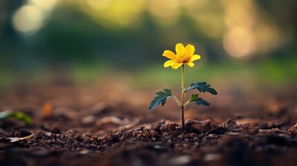 A single yellow flower growing from the ground in a natural setting.