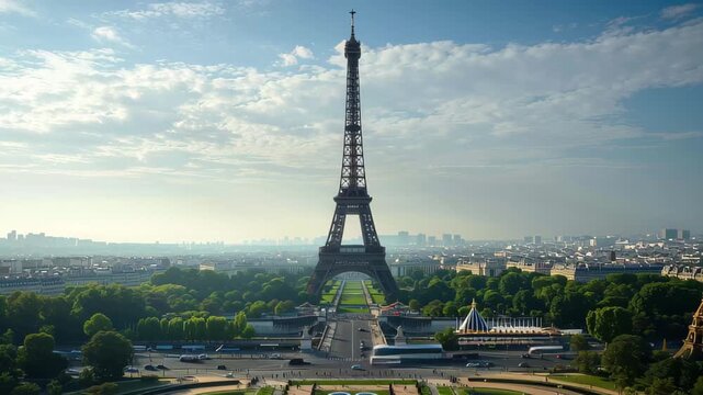 Views of the Eiffel Tower in Paris during a sunny afternoon with lush gardens and visitors enjoying the vibrant atmosphere
