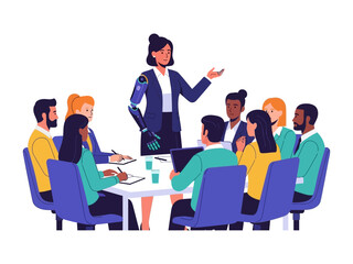 AI Leader in the Boardroom: A stylized vector illustration showcases an AI leader addressing a diverse group of professionals around a conference table, suggesting innovation and collaboration
