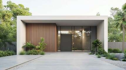 Linear exterior design with integrated garage and clean functional flow, midcentury style
