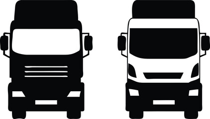 Two Stylized SemiTruck Front View Icons, Black and White Trucking Illustration Design