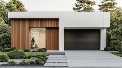 Linear exterior design with integrated garage and clean functional flow, midcentury style