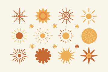 Variety of HandDrawn Sun and Snowflake Shapes in Warm, Muted Tones Illustration