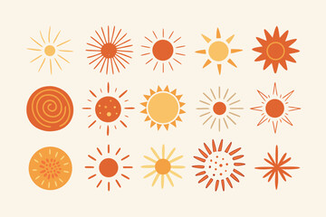 Variety of Orange and Yellow Sun Illustrations on an OffWhite Background, Artistic Style