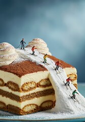Small figurines climbing a giant layered cake on a colorful dessert-themed landscape with sprinkles dust and a sky background, imaginative scene