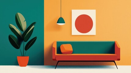 Compact studio layout with clean architectural lines and modular furniture, midcentury modern