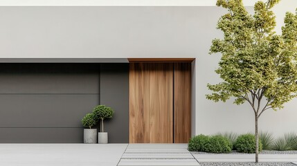 Linear exterior design with integrated garage and clean functional flow, midcentury style