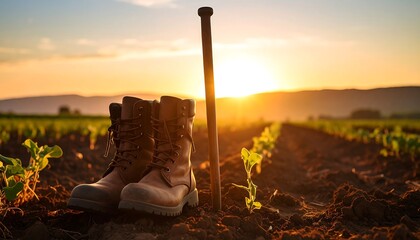 Work Boots and Tool in Field at Sunset Farming Scene