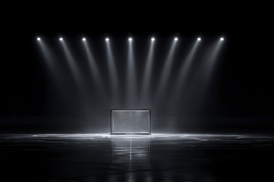 Hockey goal on ice rink illuminated by overhead spotlights. High contrast scene with dark background. - Powered by Adobe