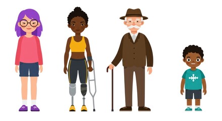 Fototapeta premium Diverse group of cartoon people on white background, full length view