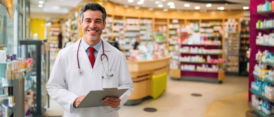 The friendly pharmacist providing expert healthcare in a modern pharmacy setting.