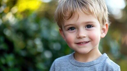 A young boy with blonde hair smiling outdoors.
