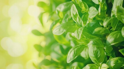 Obraz premium Basil leaves against a blurred green background. The herb concept of culinary and aromatic. The image emphasizes the freshness and natural appearance of the plant.