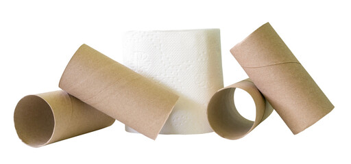 Tissue paper roll or toilet paper roll with cores or tissue paper tubes in stack isolated with clipping path in png file format