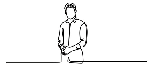 continuous line art of a man in a suit standing and clasping his hands together.
