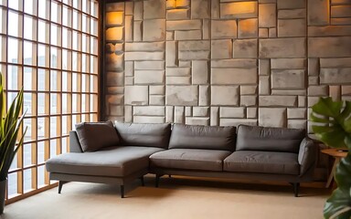 Corner sofa positioned near a grid window and grunge stone panel wall, creating a unique interior design for a modern living room.