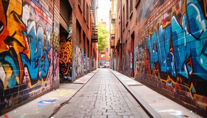 Fototapeta premium High-quality, professional marketing-style photograph of a narrow urban alley with graffiti and textures, shot with a 50mm lens, eye-level angle, minimalist composition with clear focal point, soft am