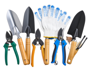 Front View of Gardening Tools Set, isolated on a transparent background