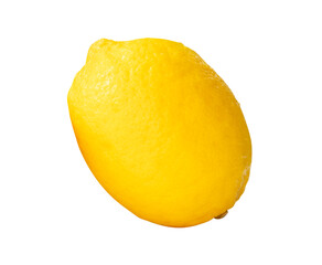 Side view of single fresh ripe yellow lemon fruit with water droplets isolated with clipping path in png file format