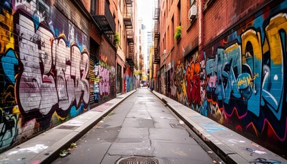 Naklejka premium High-quality, professional marketing-style photograph of a narrow urban alley with graffiti and textures, shot with a 50mm lens, eye-level angle, minimalist composition with clear focal point, soft am