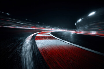 Speedway Blur: A race track corner captured with motion blur, showcasing speed and energy under stadium lights.