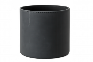 Sleek dark gray leather cylindrical desk organizer holding writing utensils, positioned against transparent backdrop, minimalist storage solution for workspace