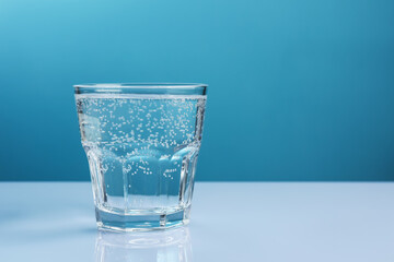 Refreshing soda water in glass on white mirror table against light blue background, closeup. Space for text