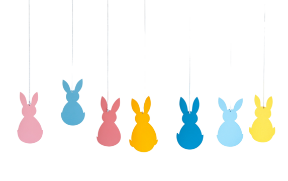 Creative illustration of hanging Easter garland featuring playful bunnies and decorative eggs isolated on transparent background PNG - Powered by Adobe