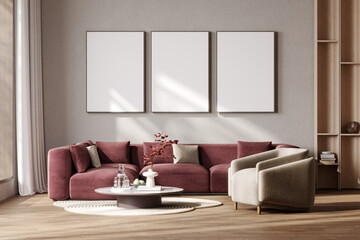 Three poster frames mockup in modern living room with red couch, triptych, 3d rendering