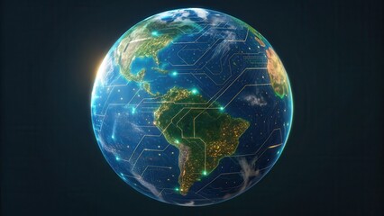 Fototapeta premium Detailed View of Earth with Renewable Energy Circuits Overlay