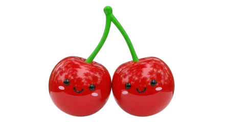 Two cute cartoon cherries, red, shiny, smiling faces, green stems, isolated on white.