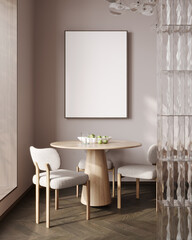 Poster frame mockup in contemporary dining room r with white table and chair, 3d rendering