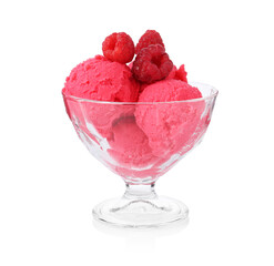 Delicious raspberry sorbet with fresh berries in glass dessert bowl isolated on white