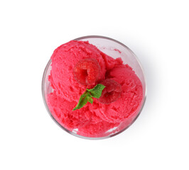 Delicious raspberry sorbet with fresh berries and mint isolated on white, top view