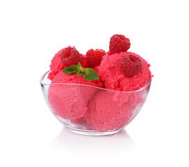 Delicious raspberry sorbet with fresh berries and mint in bowl isolated on white
